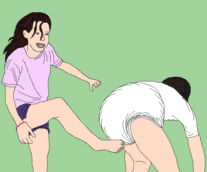 File:Girls kick diapered boys butts.gif